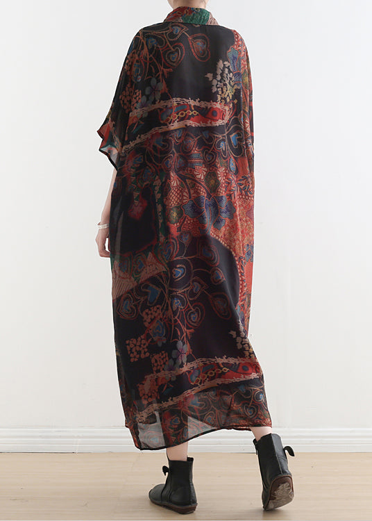 Black Orange Peter Pan Collar Draping Print Chiffon Dresses Batwing Sleeve