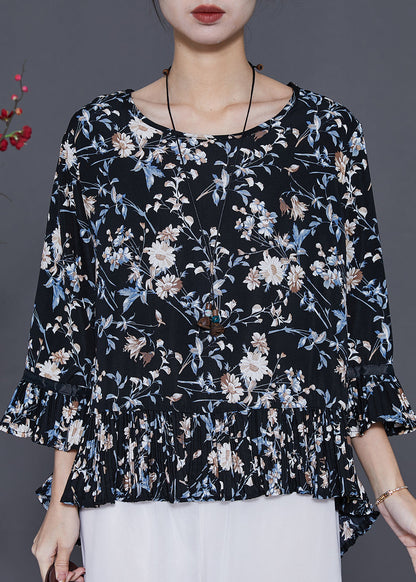 Black Oversized Print Chiffon Blouses Summer