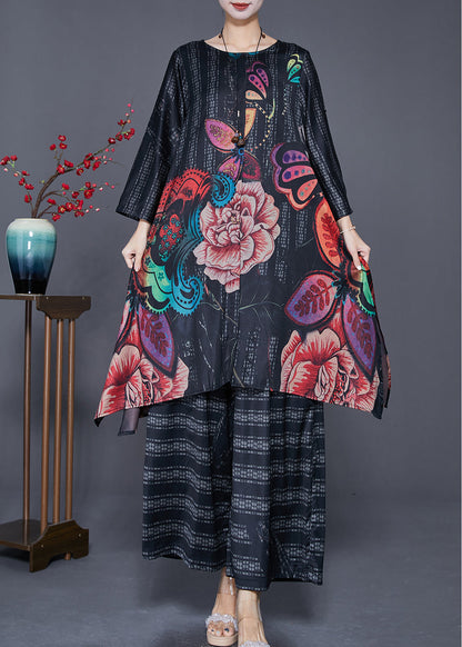 Black Oversized Print Side Open Silk Two Pieces Set Summer