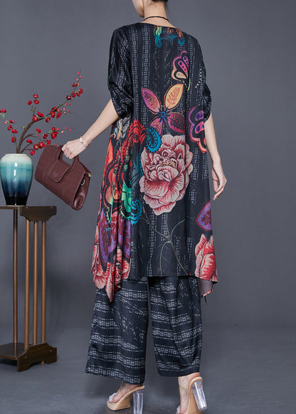 Black Oversized Print Side Open Silk Two Pieces Set Summer