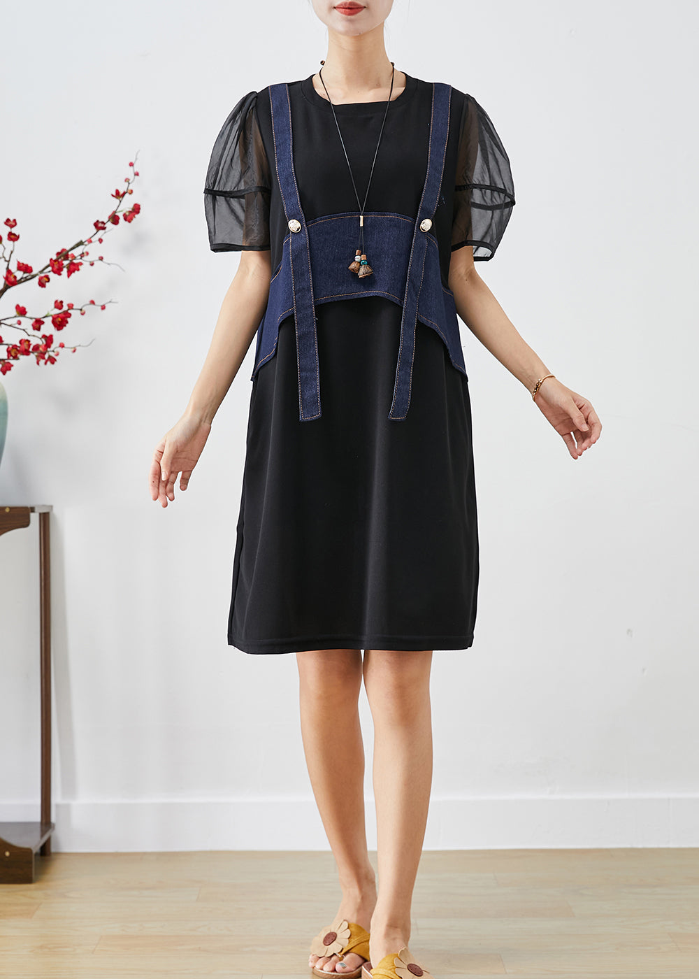 Black Patchwork Fake Two Piece Cotton Holiday Dress Puff Sleeve