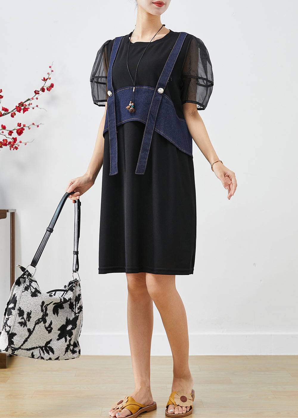Black Patchwork Fake Two Piece Cotton Holiday Dress Puff Sleeve