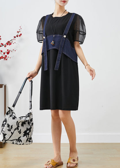 Black Patchwork Fake Two Piece Cotton Holiday Dress Puff Sleeve