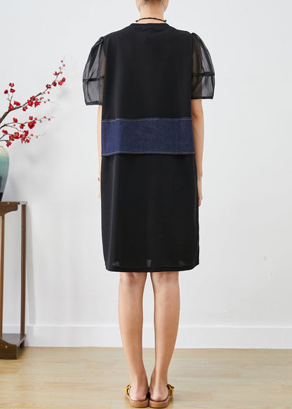 Black Patchwork Fake Two Piece Cotton Holiday Dress Puff Sleeve