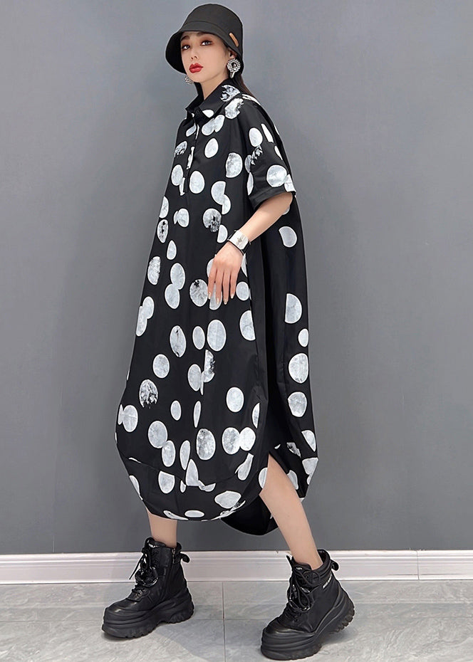 Black Peter Pan Collar Dot Print Vogue Shirt Dress Short Sleeve
