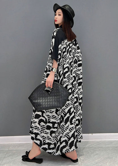 Black Peter Pan Collar Print Button Cotton Shirt Dress Short Sleeve