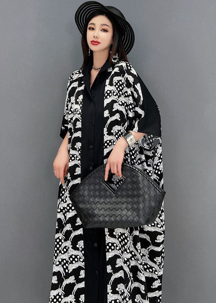 Black Peter Pan Collar Print Button Cotton Shirt Dress Short Sleeve