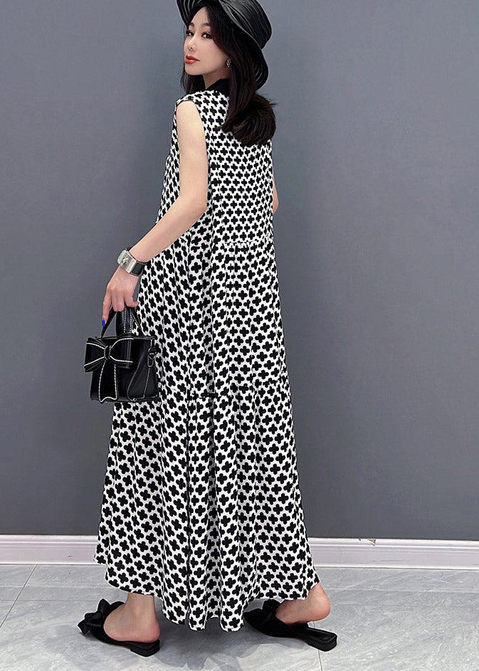 Black Peter Pan Collar Print Button Pockets Dress Sleeveless