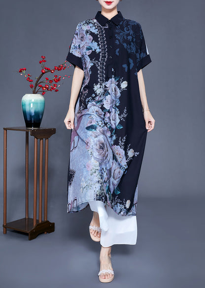 Black Peter Pan Collar Print Draping Silk Shirt Dress Summer