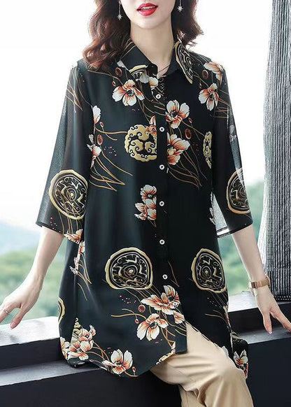 Black Peter Pan Collar Print Patchwork Chiffon Shirts Tops Summer