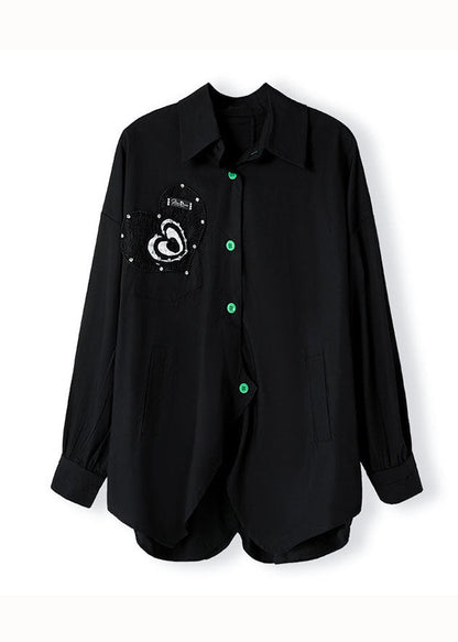Black Peter Pan Collar Zircon Patchwork Cotton Shirts Top Fall