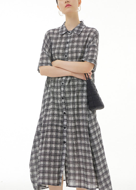 Black Plaid Button Cotton Maxi Dresses Summer