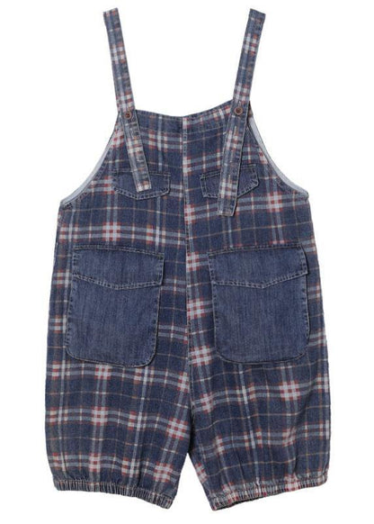 Black Plaid Jeans Jumpsuit Shorts Cotton