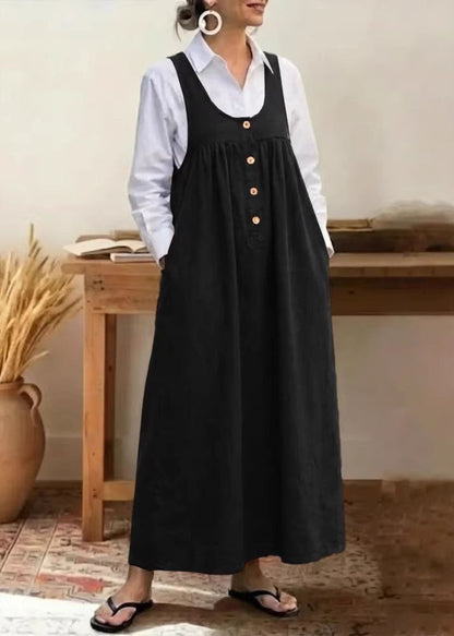Black Pockets Patchwork Cotton Strap Dress Sleeveless