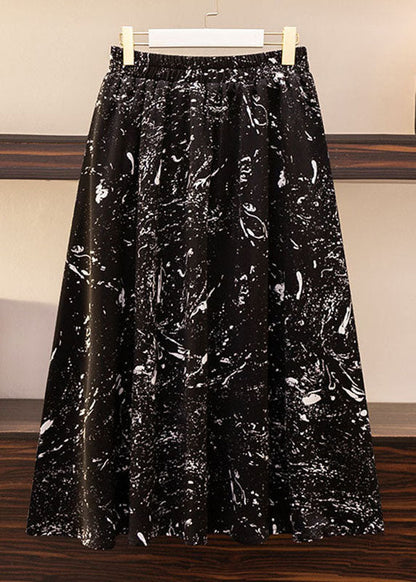 Black Print Elastic Waist Patchwork Chiffon Skirts Summer