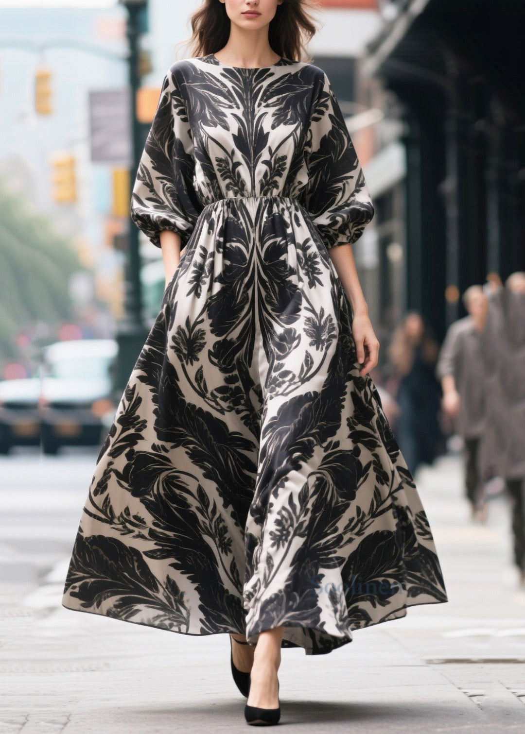 Black Print Exra Large Hem Chiffon Party Dress Summer