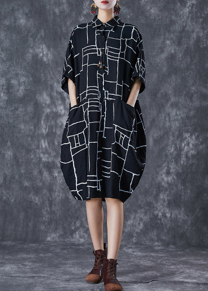Black Print Pockets Cotton Maxi Dress Summer