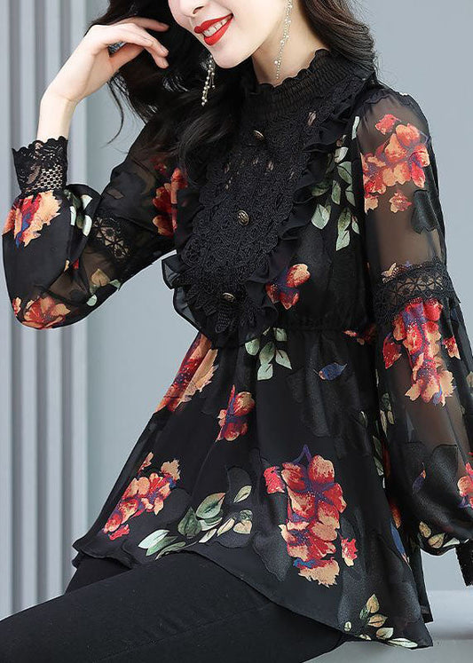 Black Stand Collar Patchwork Print Chiffon Shirt Top Spring