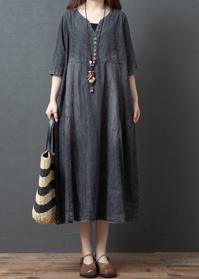 Black V Neck Cotton Denim Holiday Dress Half Sleeve