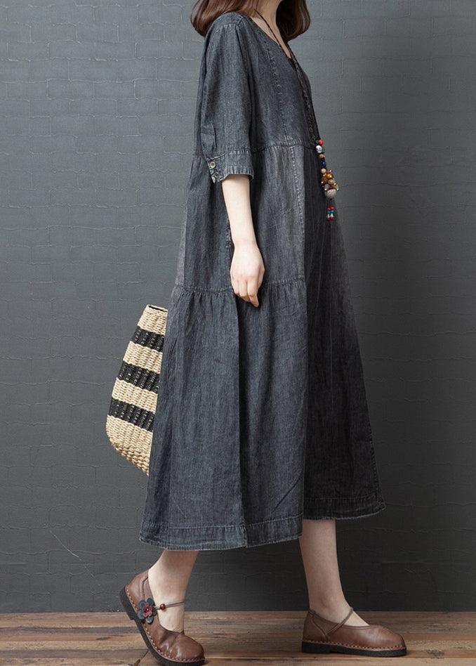Black V Neck Cotton Denim Holiday Dress Half Sleeve1