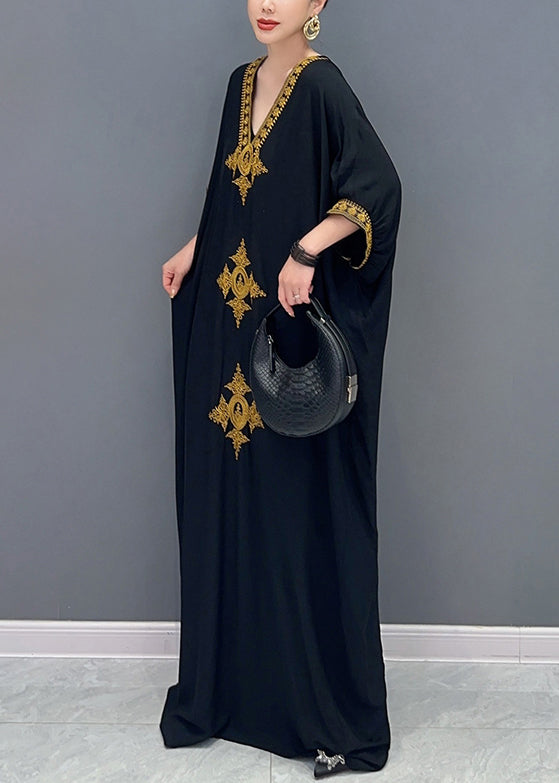 Black V Neck Embroidered Cotton Maxi Dress Batwing Sleeve
