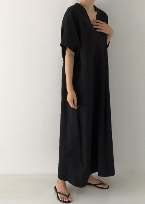 Black V Neck Oversized Linen Long Dress Short Sleeve