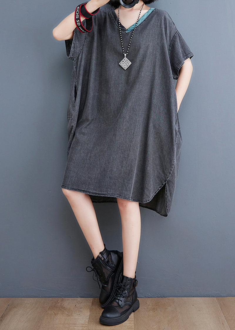 Black V Neck Patchwork Denim Dresses Summer
