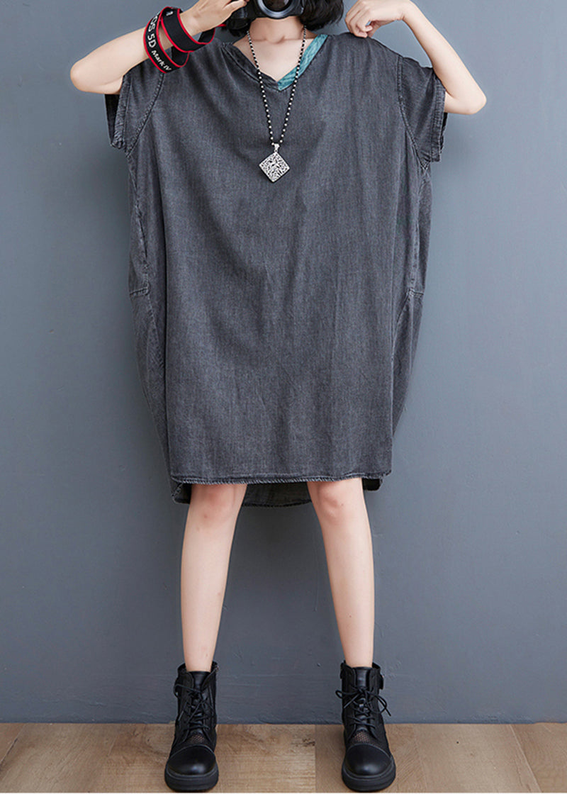 Black V Neck Patchwork Denim Dresses Summer