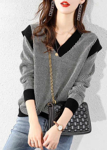 Black V Neck Plaid Knit Sweater Tops Winter