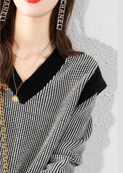 Black V Neck Plaid Knit Sweater Tops Winter