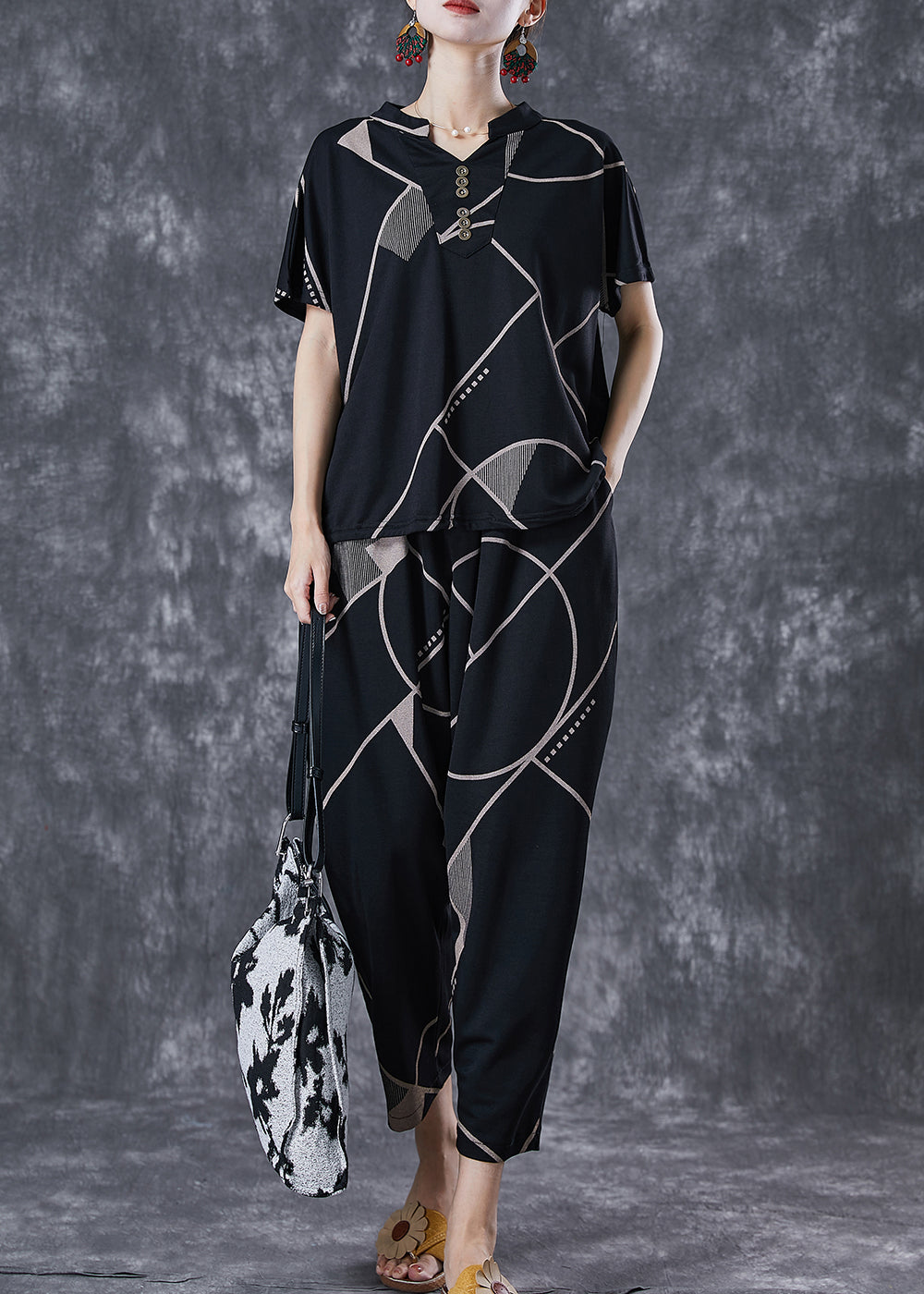 Black V Neck Print Button Cotton Two Pieces Set Summer