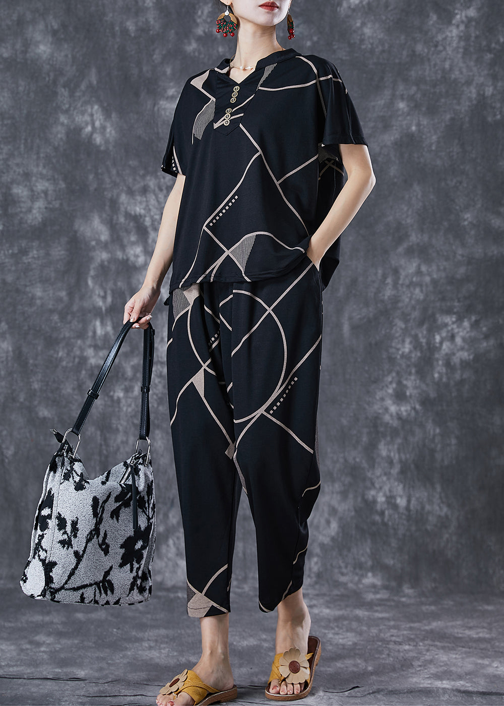 Black V Neck Print Button Cotton Two Pieces Set Summer