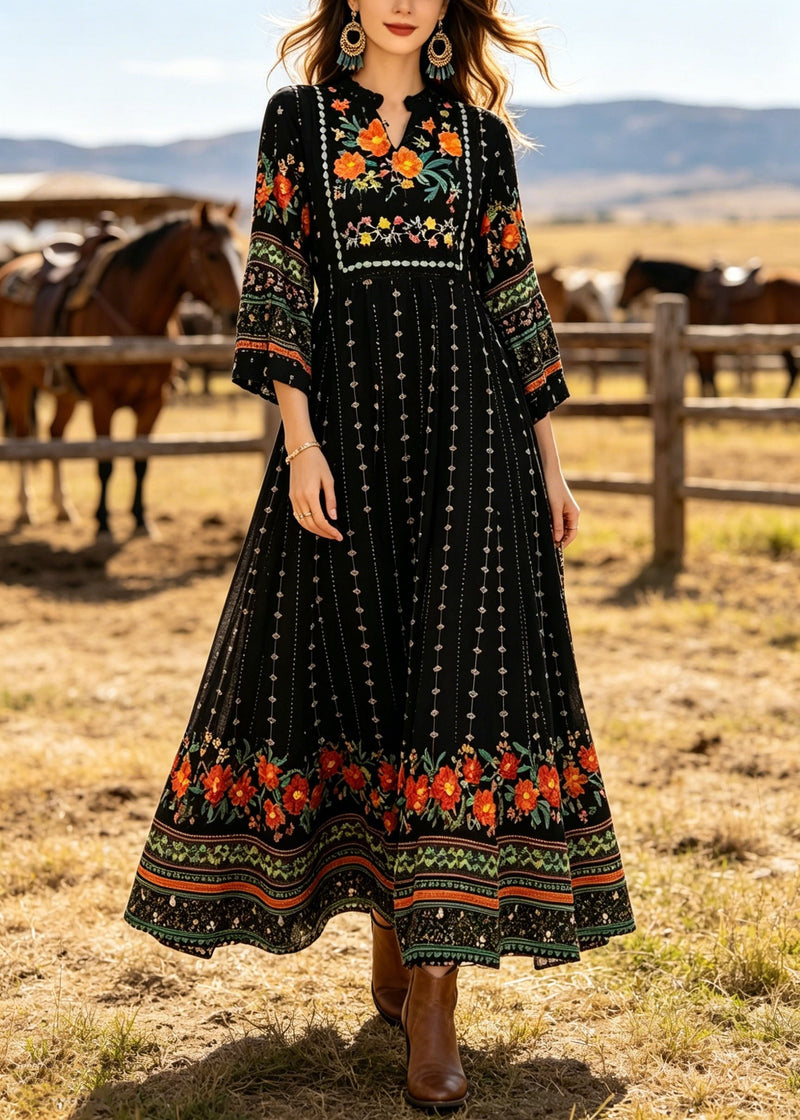 Black V Neck Print Cotton Long Dress Summer