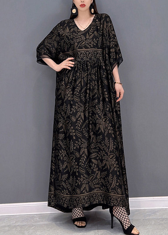 Black V Neck Print Silk Long Dress Short Sleeve