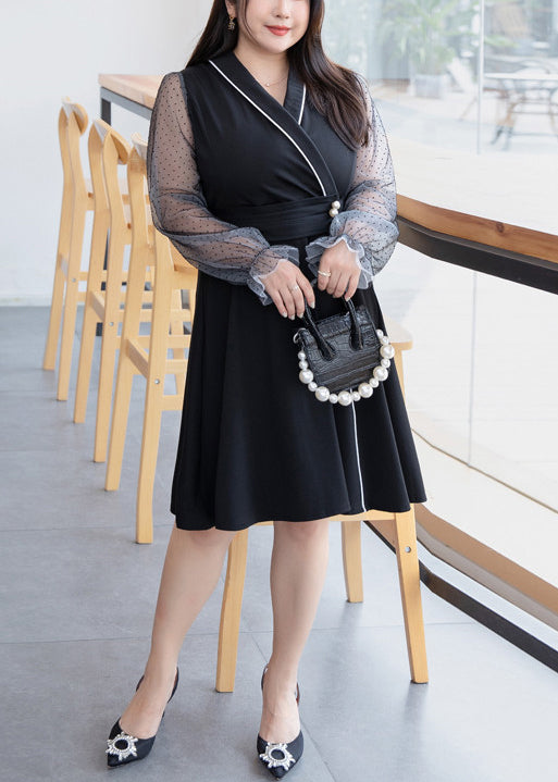 Black V Neck Tulle Patchwork Mid Dress Flare Sleeve