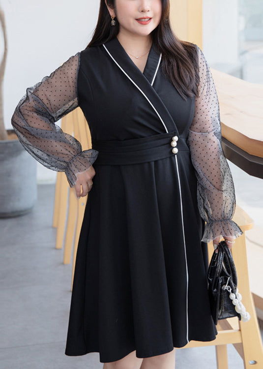 Black V Neck Tulle Patchwork Mid Dress Flare Sleeve
