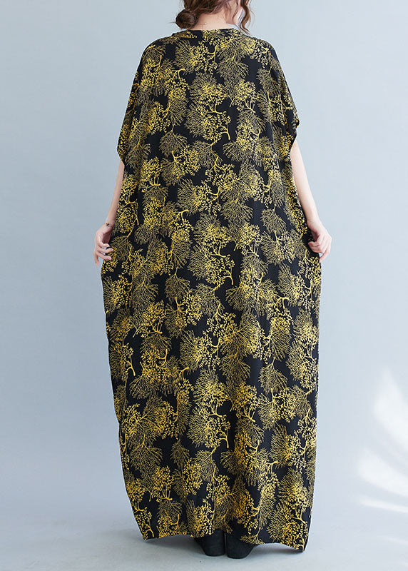 Black V Neck Yellow Print Cotton Vacation Dresses Caftan Batwing Sleeve