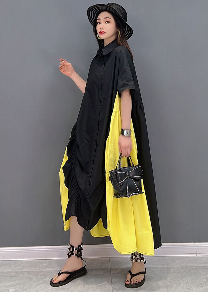 Black Yellow Colorblock Peter Pan Collar Wrinkled Cotton Shirt Dress Short Sleeve