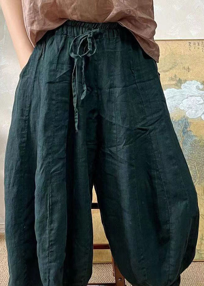 Blackish Green Elastic Waist Linen Lantern Pants Summer