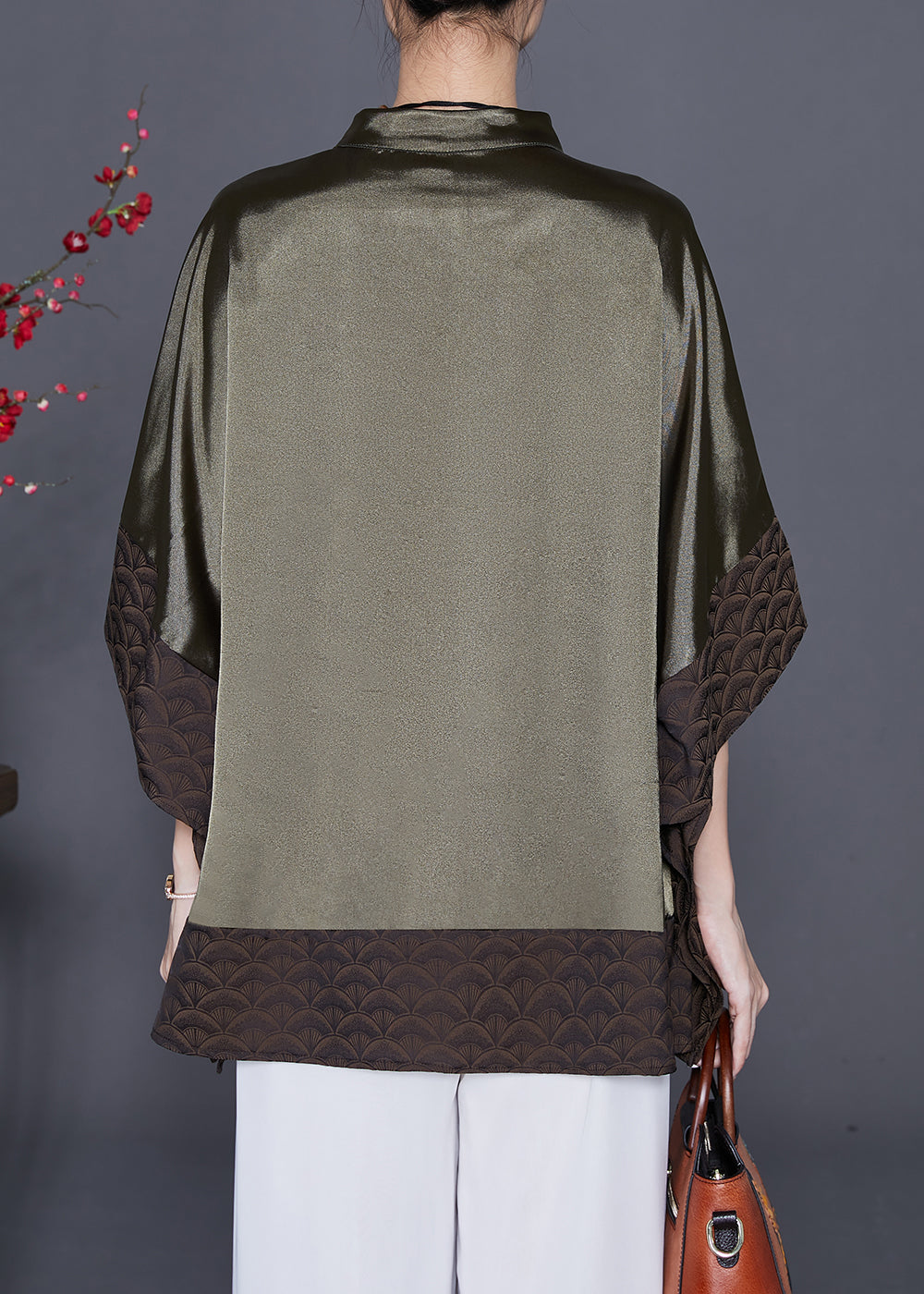 Blackish Green Stand Collar Patchwork Silk Shirt Summer