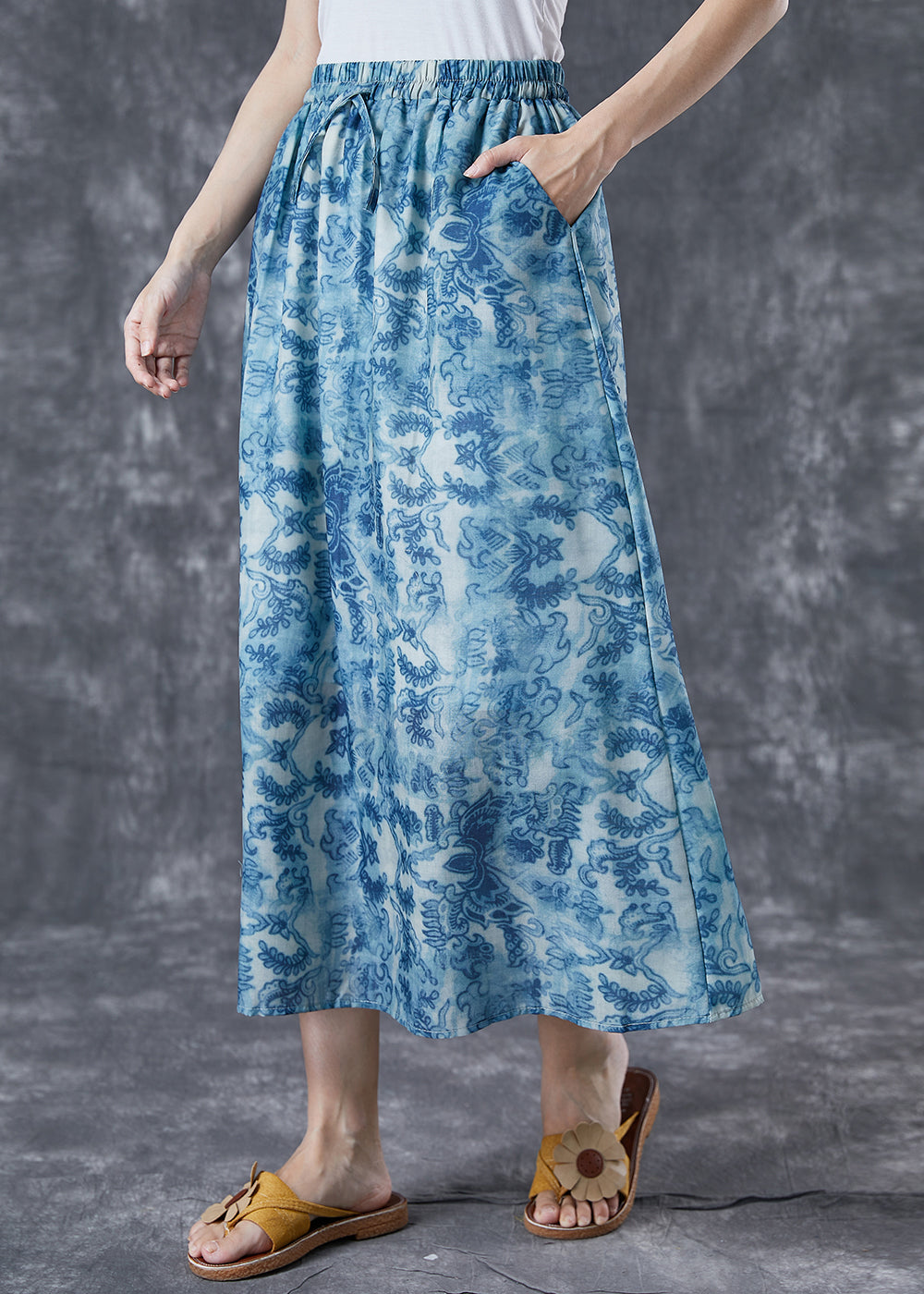 Blue Elastic Waist Print Linen a Line Skirts Summer