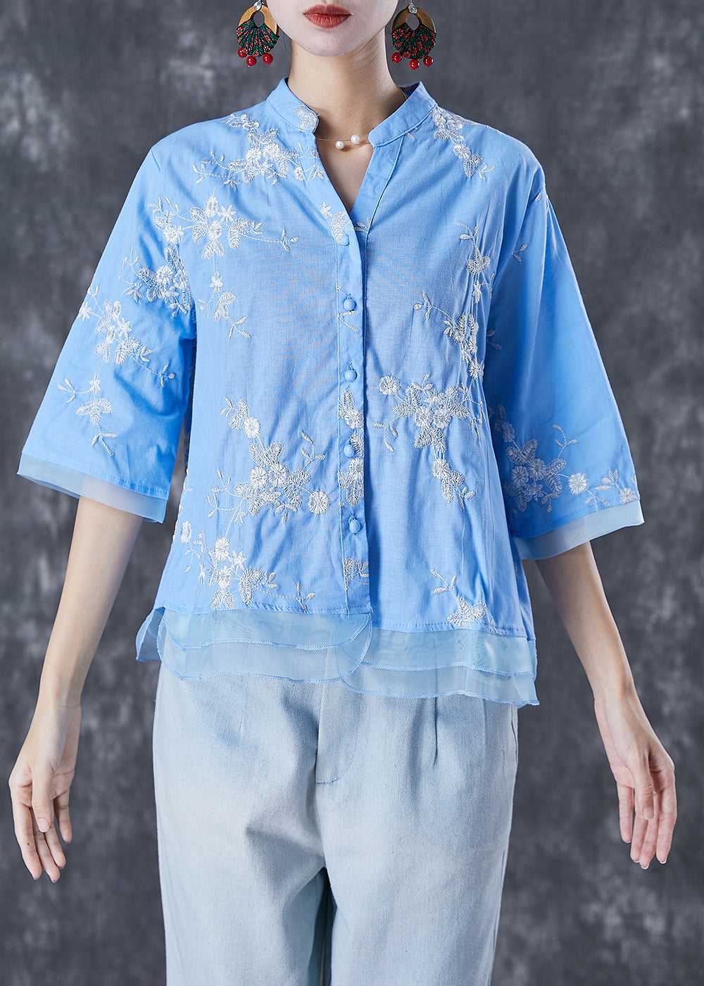 Blue Embroidered Patchwork Linen Blouse Tops Summer
