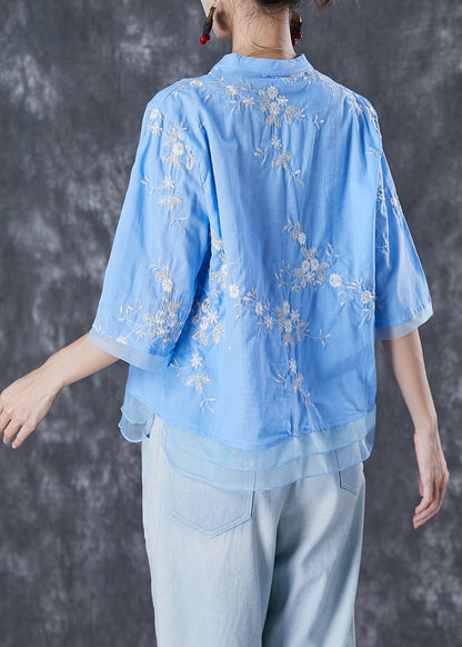 Blue Embroidered Patchwork Linen Blouse Tops Summer
