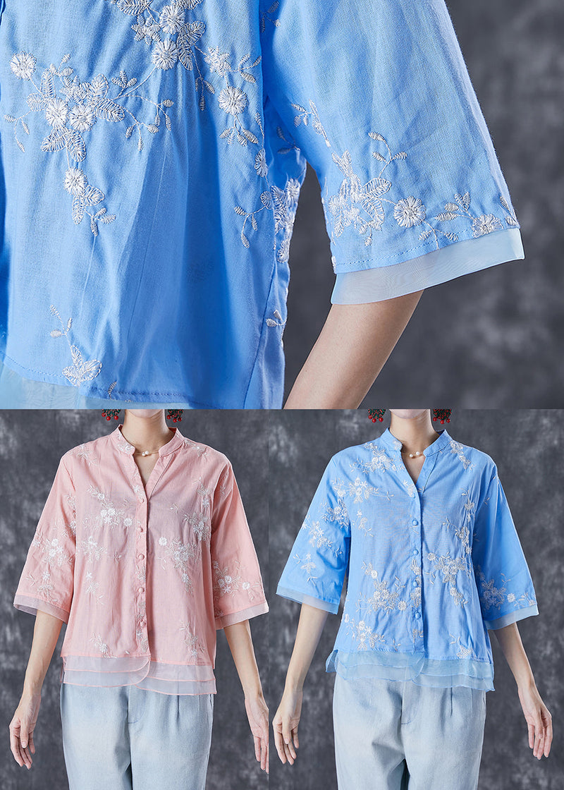 Blue Embroidered Patchwork Linen Blouse Tops Summer
