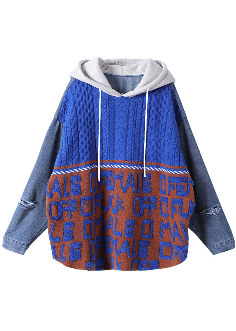 Blue Hooded Drawstring Denim Patchwork Sweater Winter