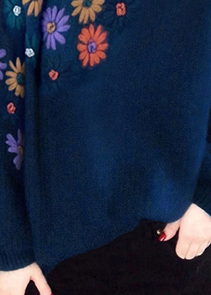 Blue O-neck Embroideried Wool Sweaters Winter