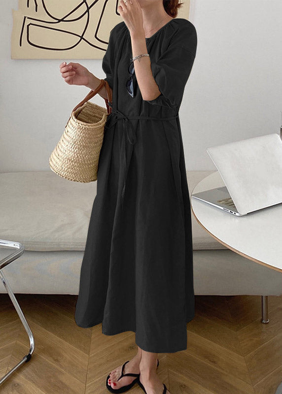 Blue O-neck Patchwork Tie Waist Long Dress Short Sleeve