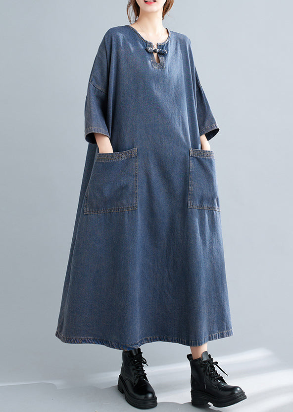 Blue O Neck Pockets Patchwork Denim Long Dresses Fall
