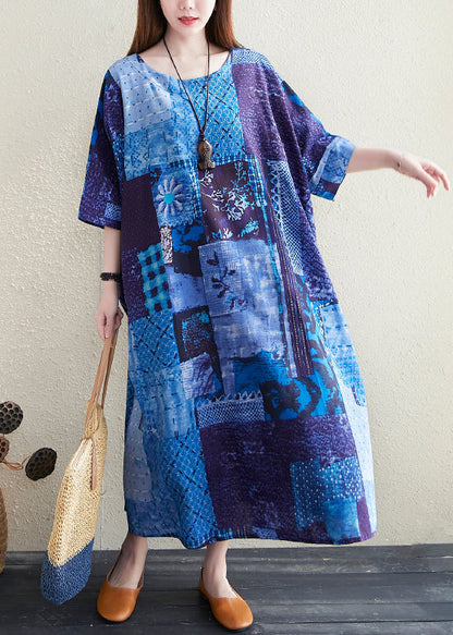 Blue O Neck Print Pockets Cotton Long Dress Summer