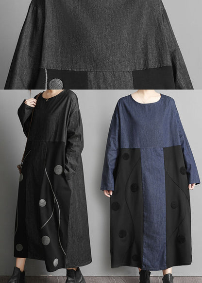Blue O-neck Denim Patchwork Dresses Spring